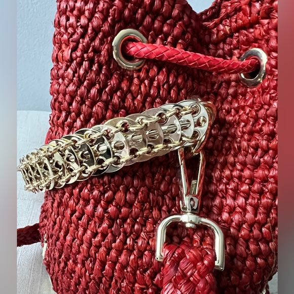 Paco Rabanne red raffia bucket bag new - Picture 7 of 9
